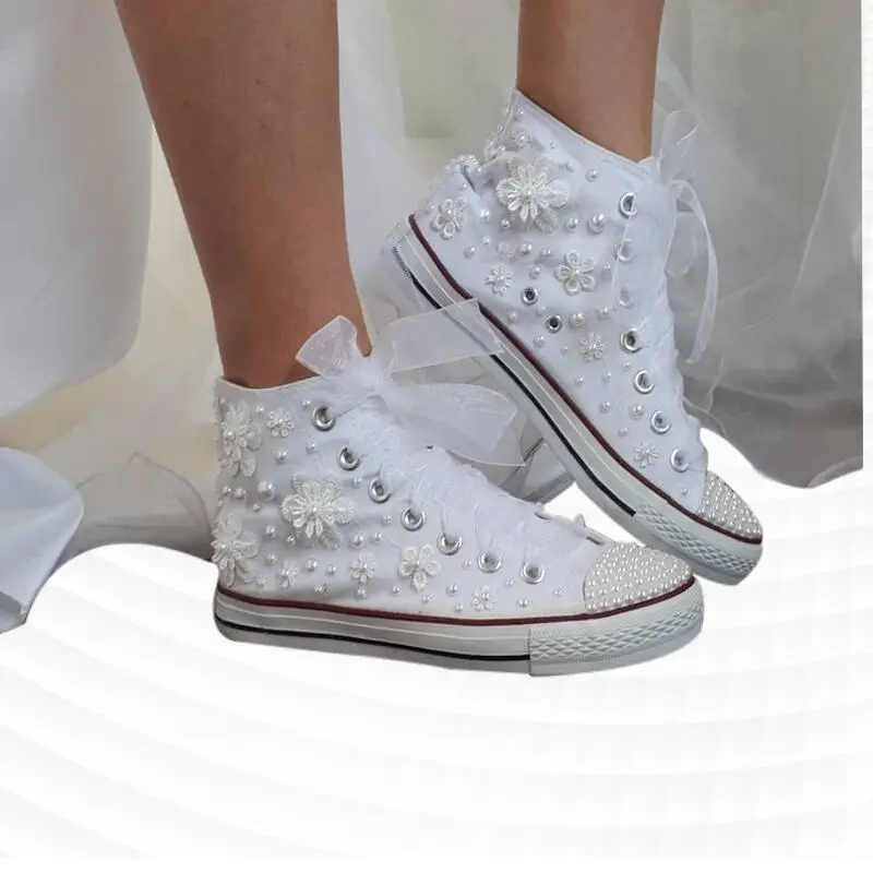 

Custom pearl lace high top wedding banquet all-match sports casual canvas shoes large size 35-46