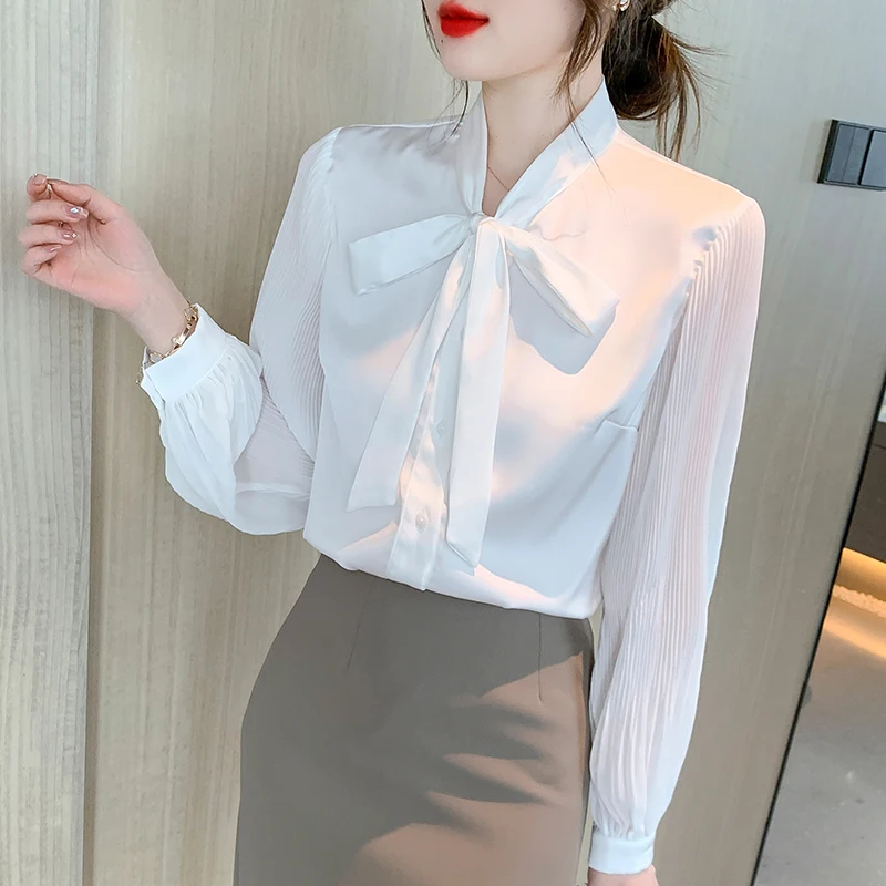 Женская шифоновая блузка с длинным рукавом и бантом на воротнике 2024