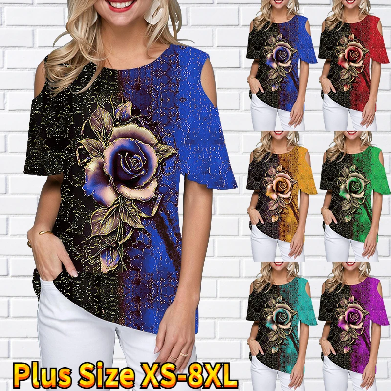 

Summer Fashion Print Women T-shirt Casual Clothing Short Sleeve Tees Top Round Collar Street Style Off-the-shoulder T-shirt