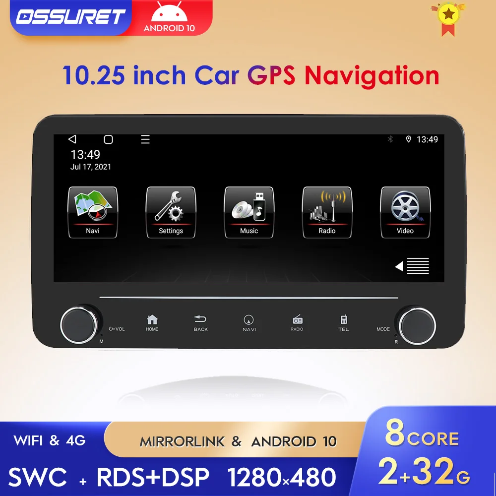 

CarPlay/Android Авто 2 ГБ + 32 ГБ Восьмиядерный Android 10 1 Din 10,25 дюймов Автомобильный мультимедийный RDS GPS навигатор DSP USB AM FM SWC BT OBD DVR