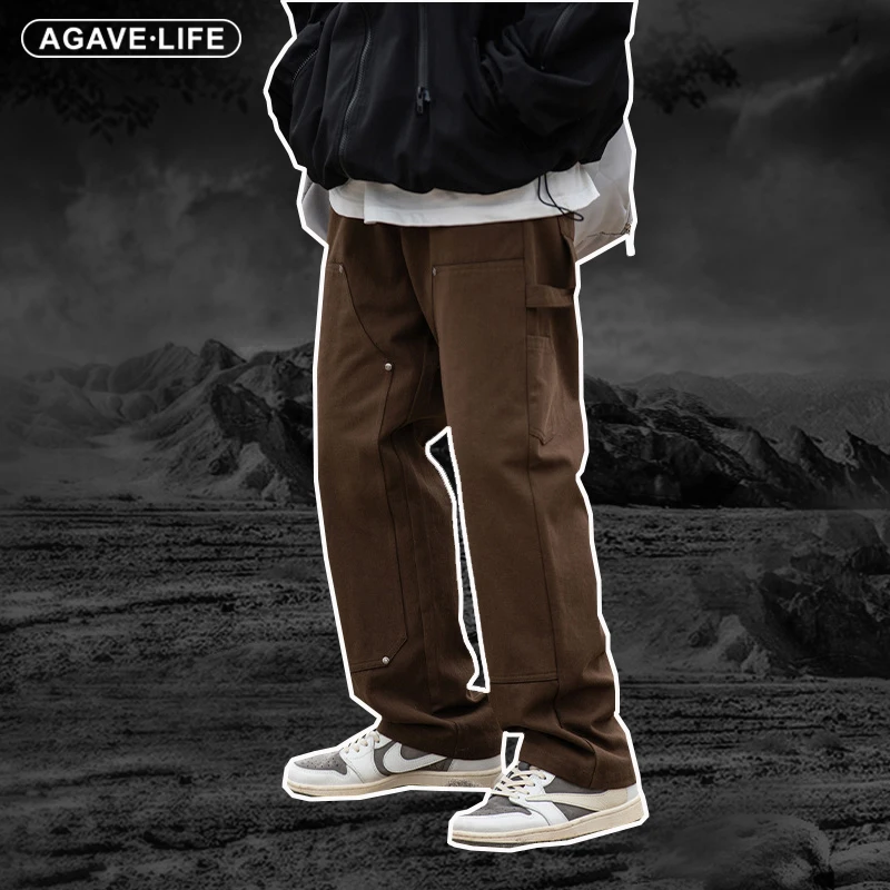 

Брюки-карго мужские прямые в стиле ретро, повседневные однотонные Модные свободные штаны со средней талией, со множеством карманов, весна-осень