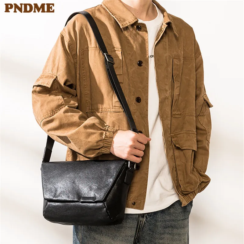 PNDME Outdoor casual daily genuine leather men's black shoulder bag fashion luxury natural soft real cowhide messenger bag
