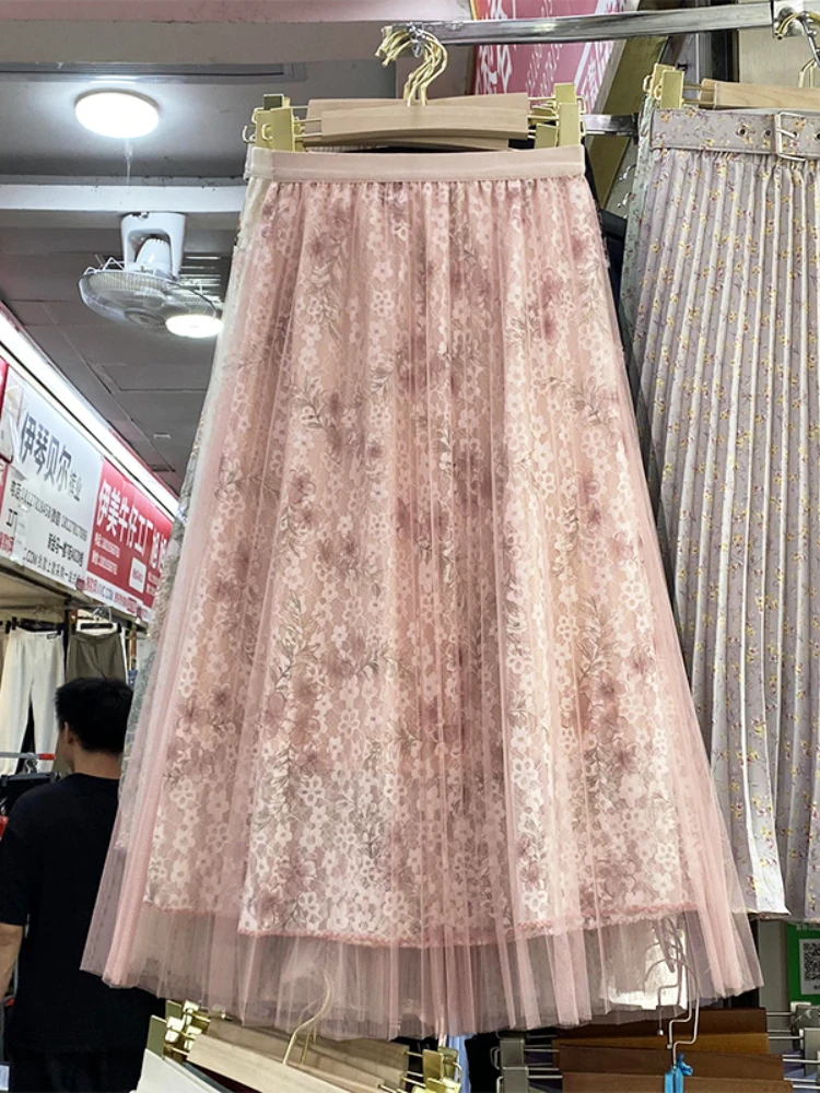 

Korean Fashion A-line Pleated Midi Skirt Woman Elastic High Waist Floral Embroidery Lace Patchwork Mesh Skirts Women Dropship