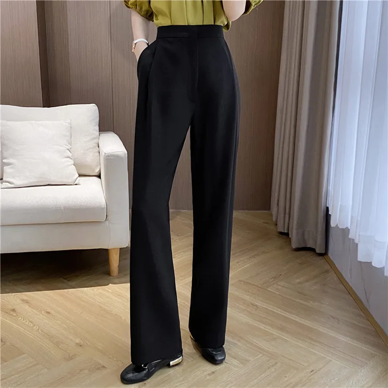 

Черные прямые Костюмные брюки для женщин с тонкой драпировкой, брюки с высокой талией и широкими штанинами, новый стиль на весну