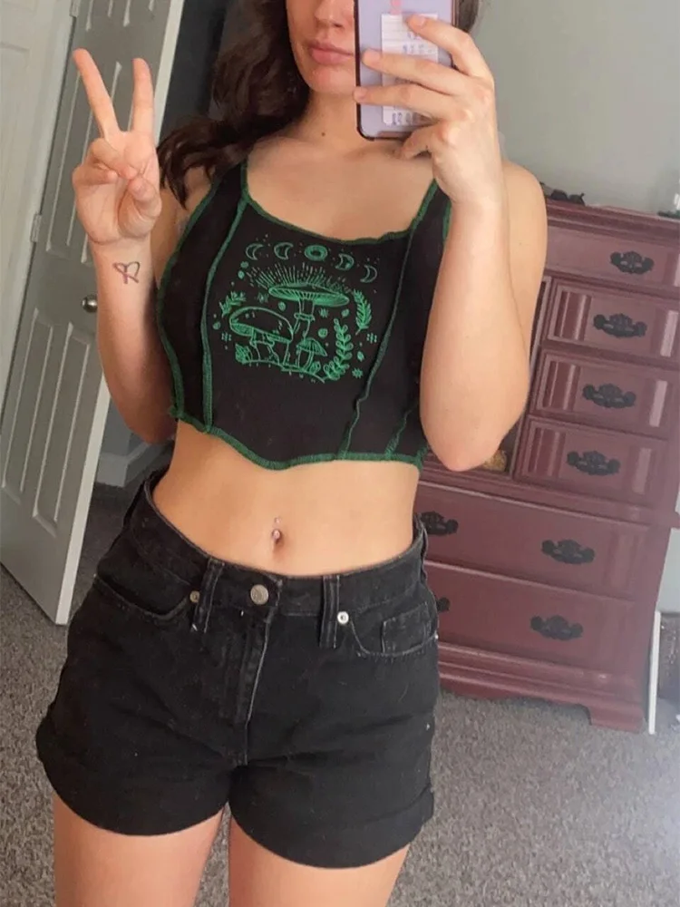 Женская Асимметричная футболка без рукавов Готическая укороченная майка с