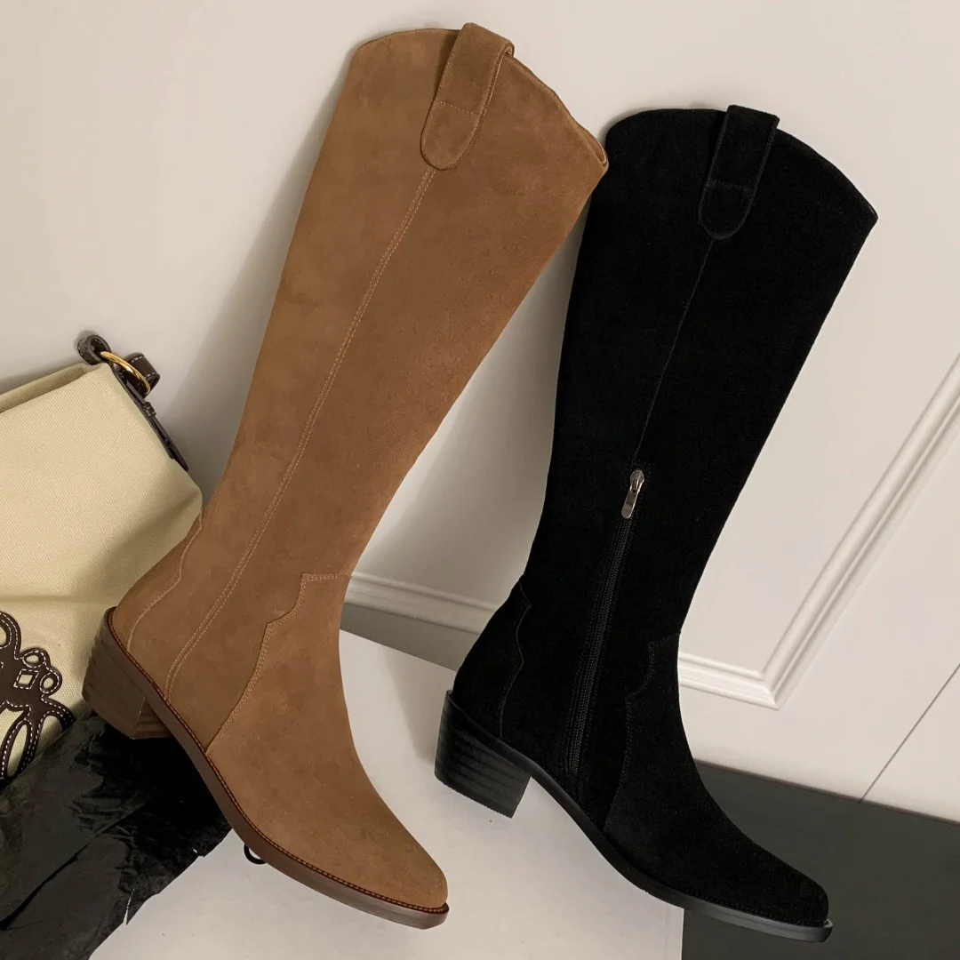 Женские осенние рыцарские сапоги до колена из натуральной замши с боковой