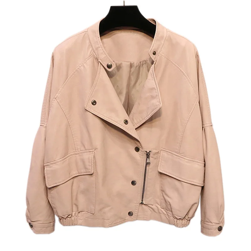 Women's loose version of large pocket leather 2023 spring and autumn clothes new clothes leather jacket coat