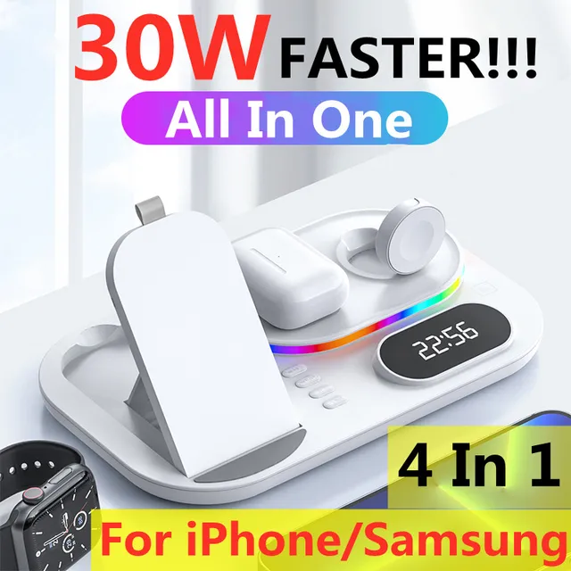 30W 4 In 1 Fast Wireless Charger Stand For iPhone 14 13 12 11 Samsung Apple Watch Airpods Pro Wireless Charging Dock Station 1