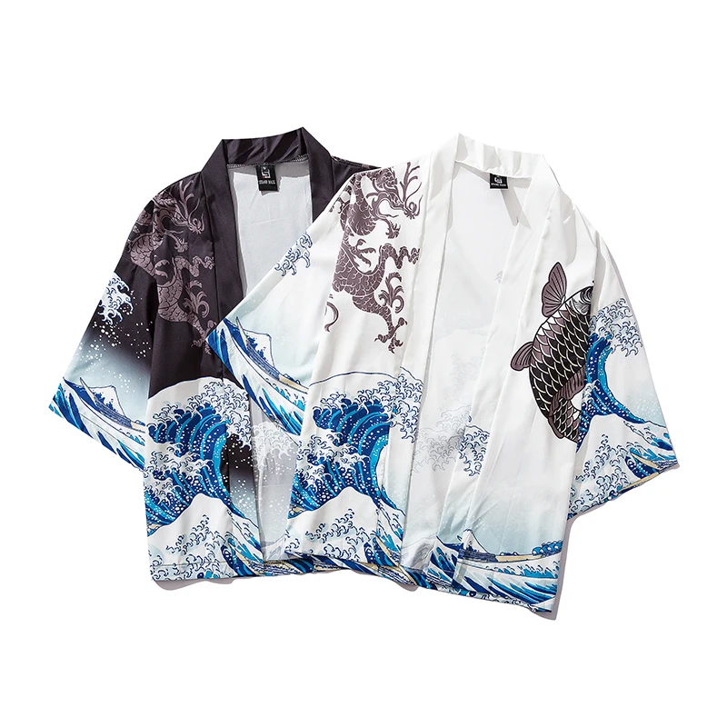 Cárdigan Kimono negro para hombre y mujer, abrigo japonés Obi, Yukata, Haori, japonés, con estampado de carpa, ropa tradicional japonesa