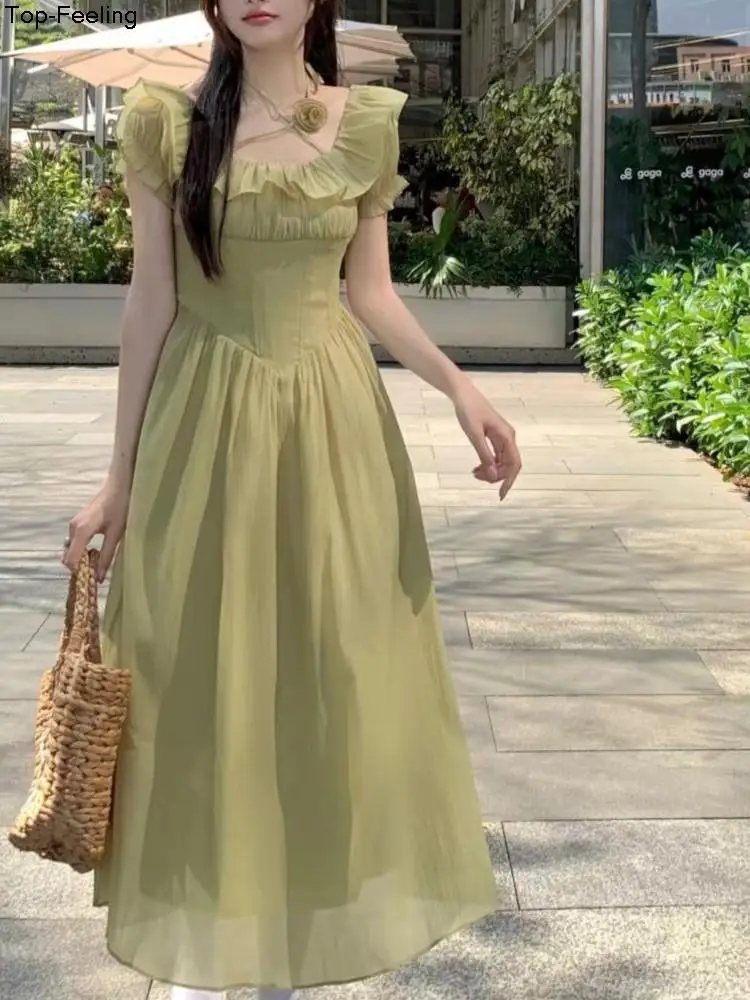 

Elegant Korean Chic Square Collar Midi Dress Summer Women Sweet Green Holiday Beach Party Vestidos Mujers Clothing