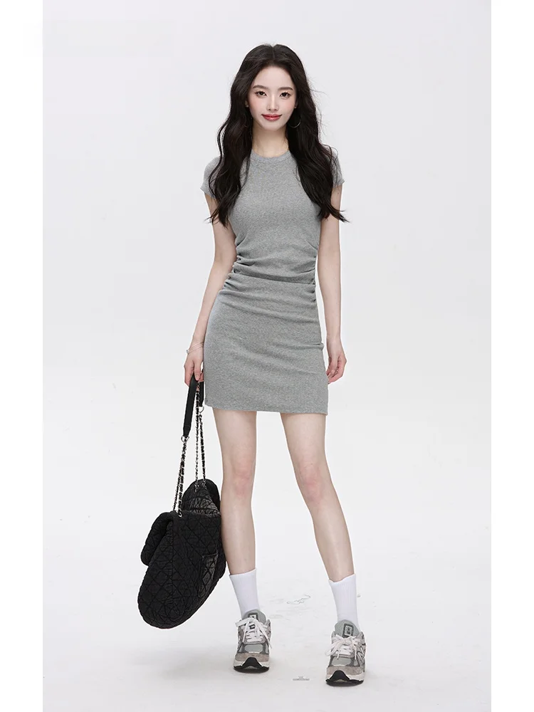 Серые платья Illella с круглым вырезом женское простое и элегантное облегающее