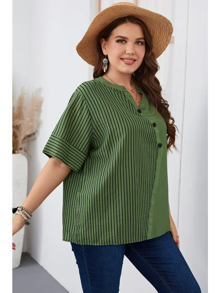 Plus-size women's striped short-sleeved T-shirt fat mm women's explosive top peplum top  plus size women clothing