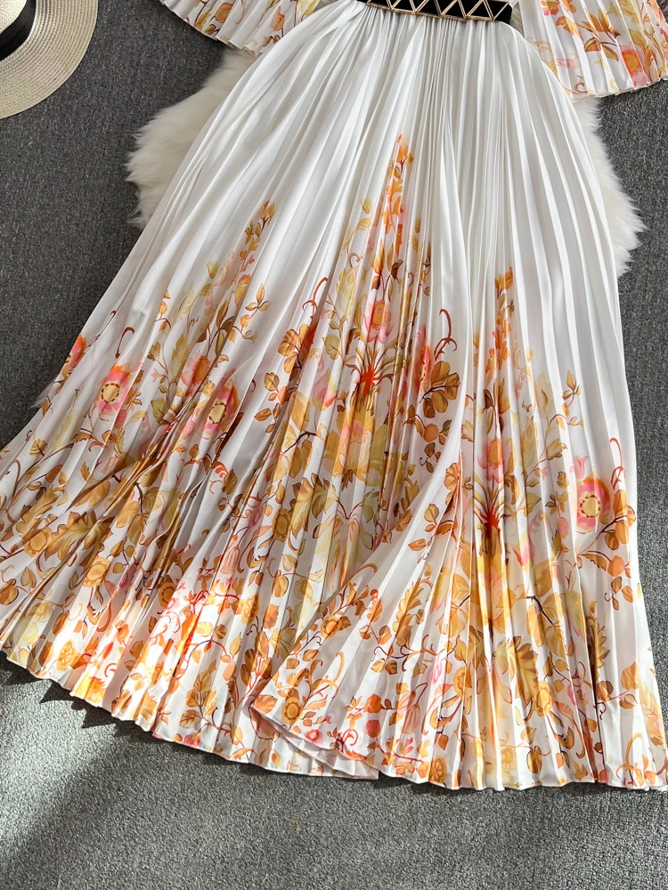 Женское плиссированное платье Летнее Длинное с полурукавами и круглым вырезом