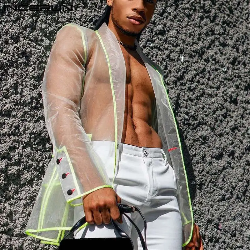 

INCERUN Fashion Men Shirts Patchwork Mesh See Through Casual Camisas 2022 One Button Streetwear Long Sleeve Party Thin Shirt 7
