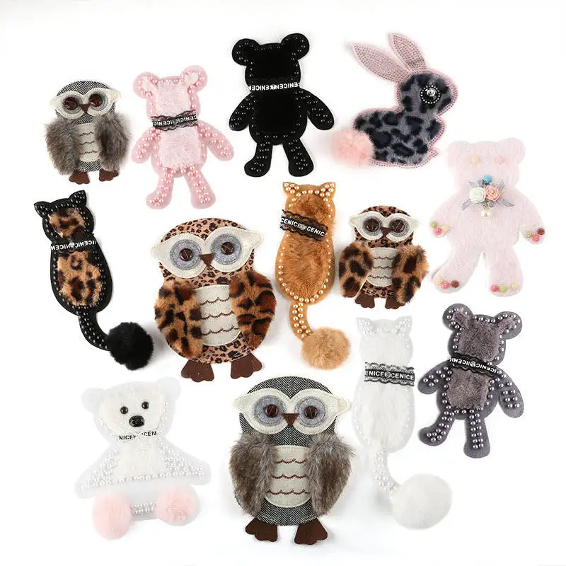 

1pcs Plush Patches for Clothing Sewn Stickers DIY Applique Stripes Badges Handmade Beaded Rabbit/Cat/Bear/Owl Iron on Patches