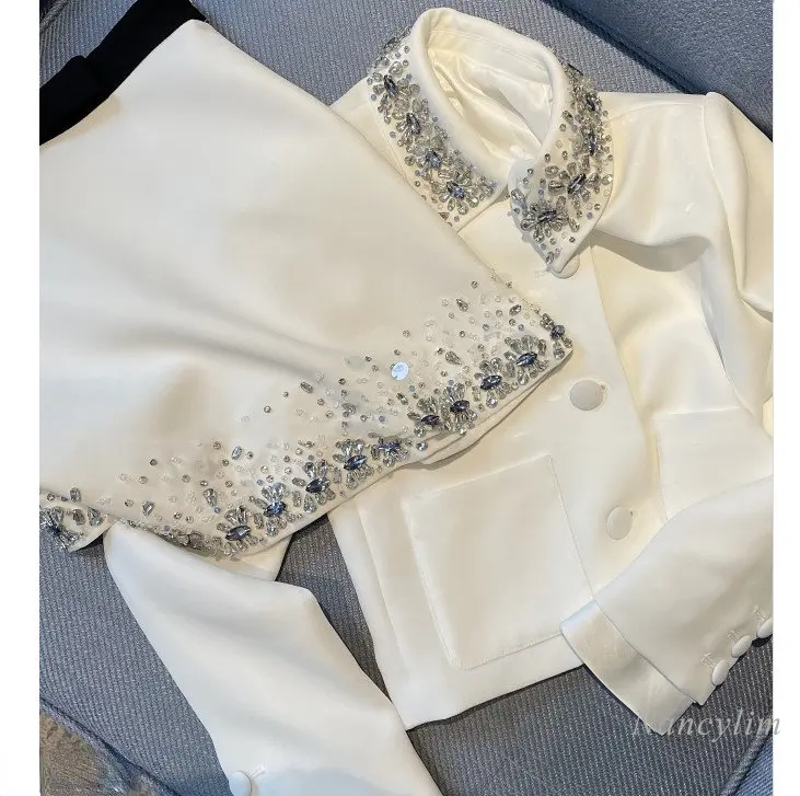 Skirts Womens 2022 Autumn Elegant White Classic Style Two Piece Suit Rhinestone Jacket + Mini Skirt Conjuntos De Falda