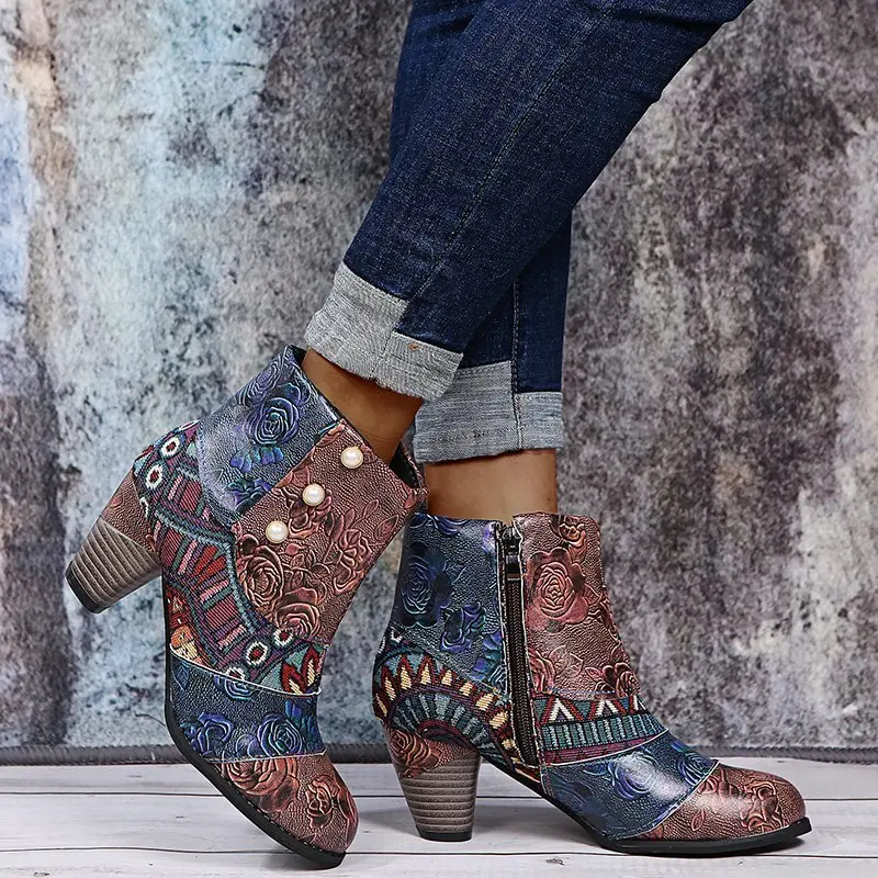 

Zipper Round Head Knight Short Boots Fashion Printed Pearl Women Shoes Ankle Zapatillas Mujer National Style Botas Femininas