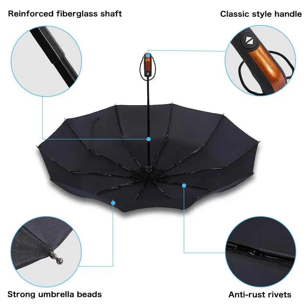 

Black Large Windproof Travel Umbrella 10 Ribs Unbreakable Auto Open Close Waterproof Stormproof Canopy Rustproof Folding Compact