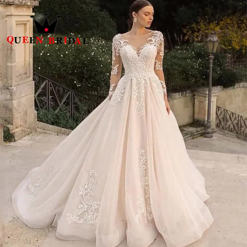 

Элегантное свадебное платье с длинным рукавом, кружевное роскошное бальное платье в пол с аппликацией и V-образным вырезом, свадебное платье S80Y по индивидуальному заказу