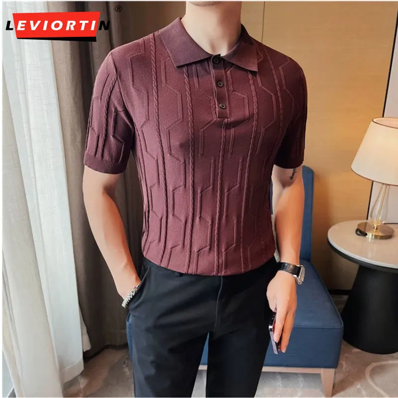 

2023 Brand Summer Polo Shirts Men Short Sleeve T-shirt British Knit Polos Casual Stripe Fashion Poloshirts Ice Silk Fabric Tops