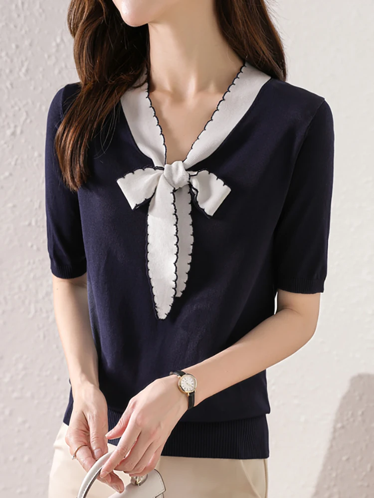 

Lace Up Bow Knitted T Shirt Women Tshirt 2022 Summer Tops T-Shirts Korean Style Woman Clothes Tee Shirt Femme Camisetas De Mujer