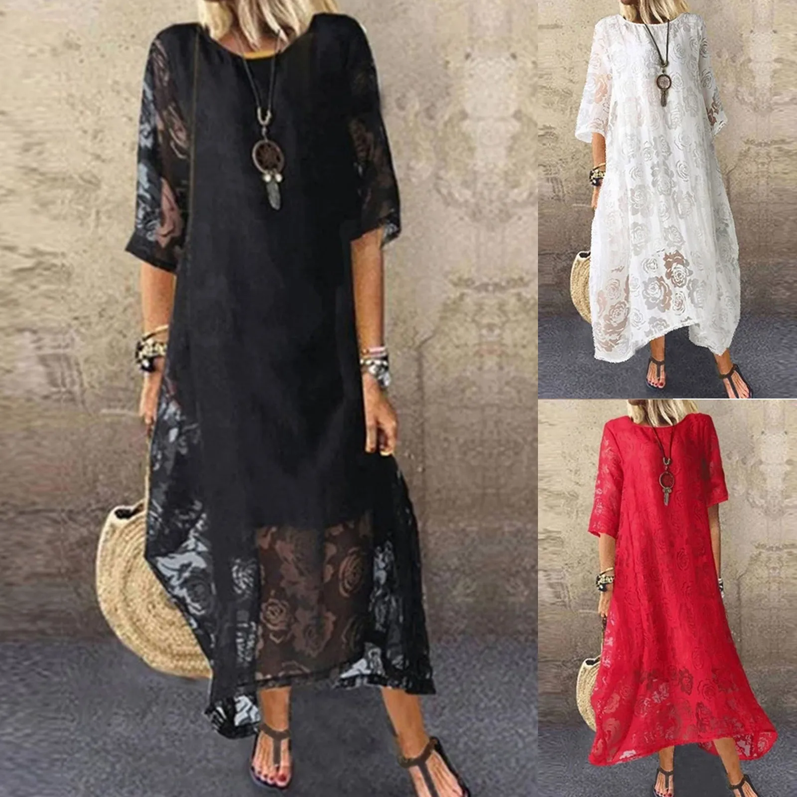 

Ladies Round Neck Short Sleeve Lace Long Dress Lace Casual Dress