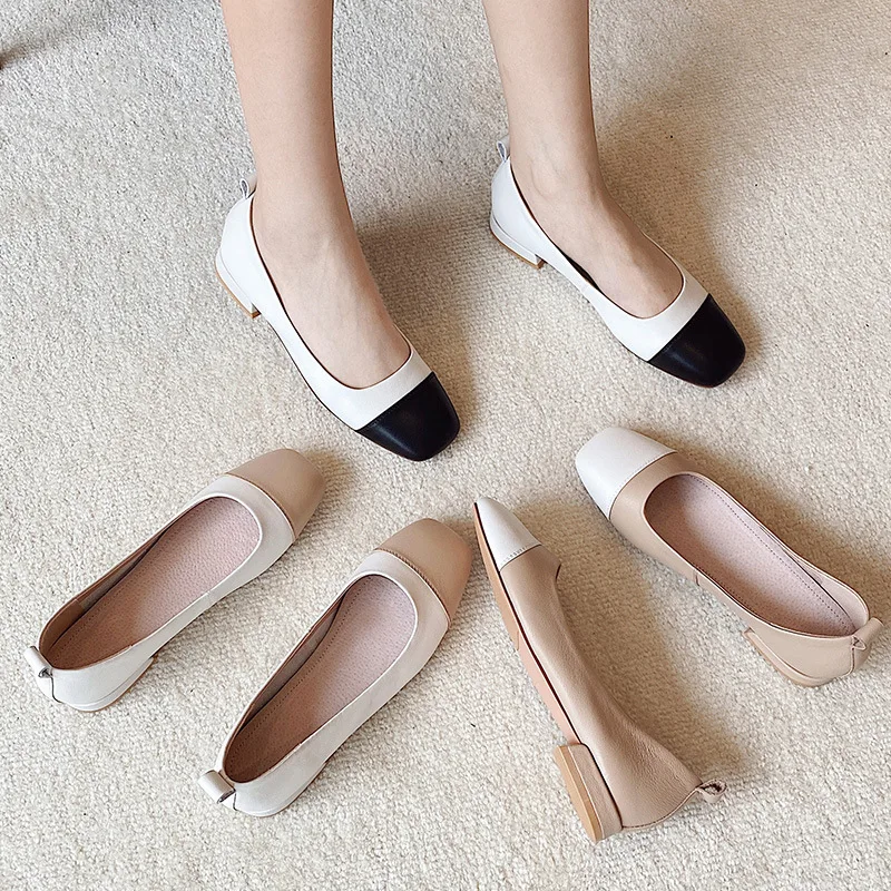 

2022 Spring Soft Bottom Single Shoes Women's Folded Elastic Shallow Mouth Set Soft Leather Flat Bottom Grandma Square Toe Shoes