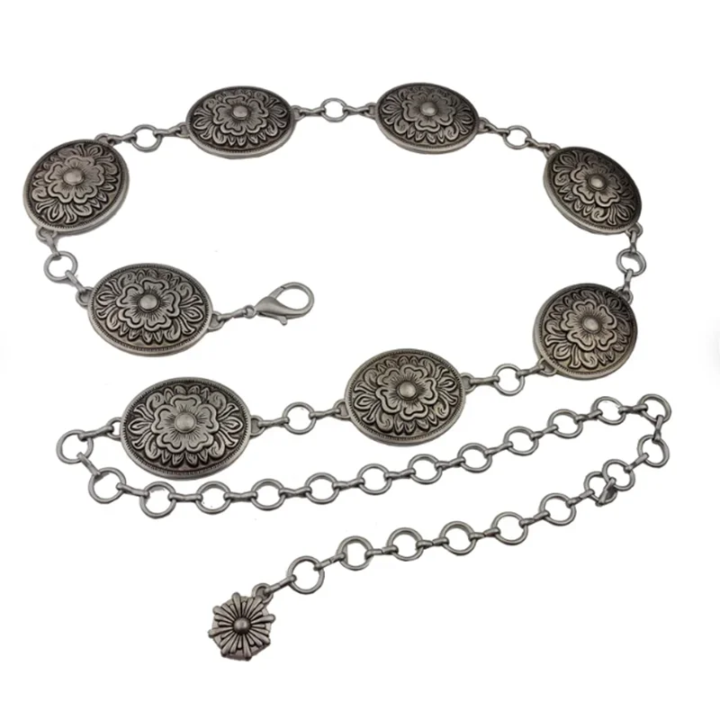 Western Oval Concho Chain Belt with Floral Design Boho Chic Silver Tone Textured Concho Belt for Women One Size Fits All Rustpro