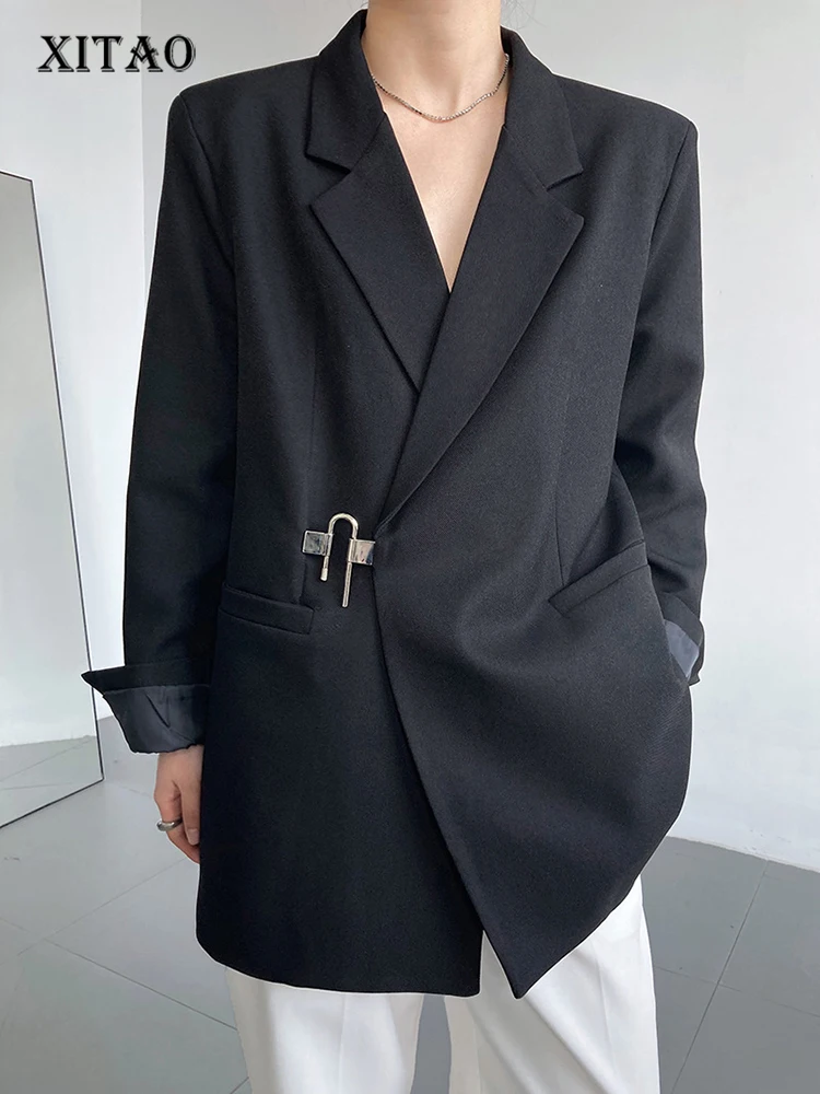 

XITAO Fashion Women Blazer Simplicity Solid Color Loose Casual Notched Collar Coat Autumn New U-shaped Metal Buckle ZY7701