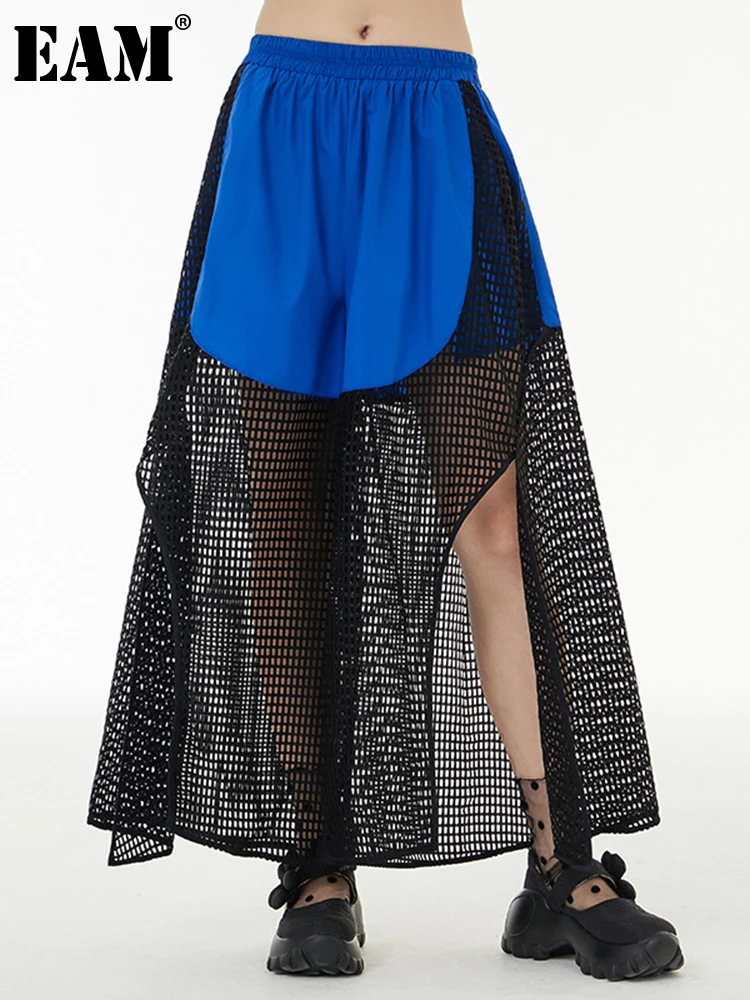 

[EAM] с высокой эластичной талией, синие сетчатые длинные широкие брюки, новые брюки, женские модные брюки, весна-осень 2023, 1DF0167