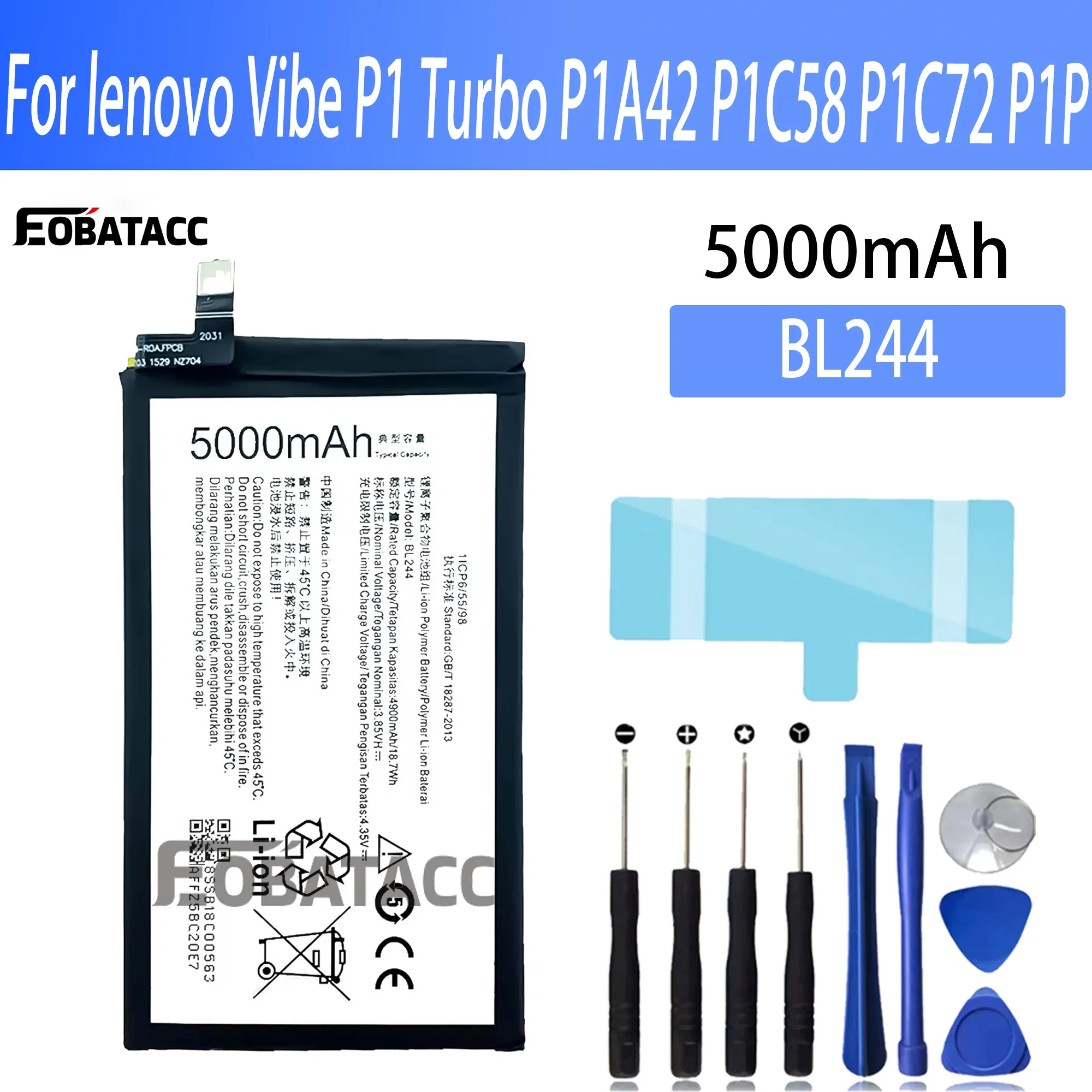 100% New Original Battery BL244 For lenovo Vibe P1 Turbo P1A42 P1C58 P1C72 P1P + Free Tools