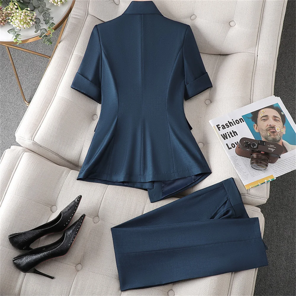 Women's Suits 2023 Summer Short Sleeve Jackets Coat + Pants Two Pieces Set Office Ladies Business Work Wear Formal Trouser Sets