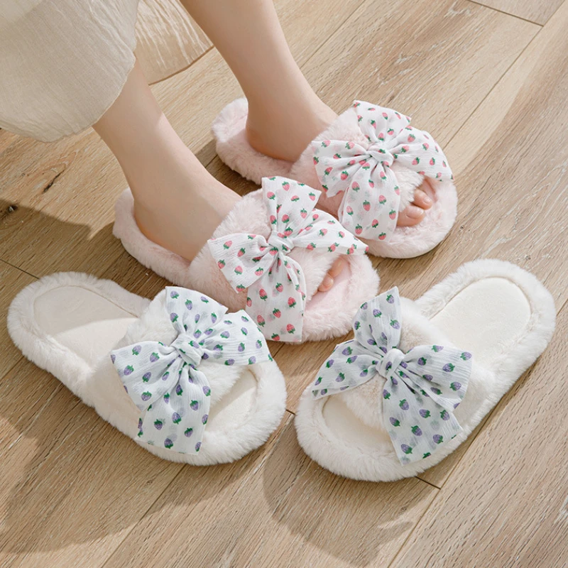 

2023 Bow Decor Single Band Winter New Women Slipper Heel Fur Platform Soft Fur Warm Indoor Lady Open Toe Fluffy Home Slippers