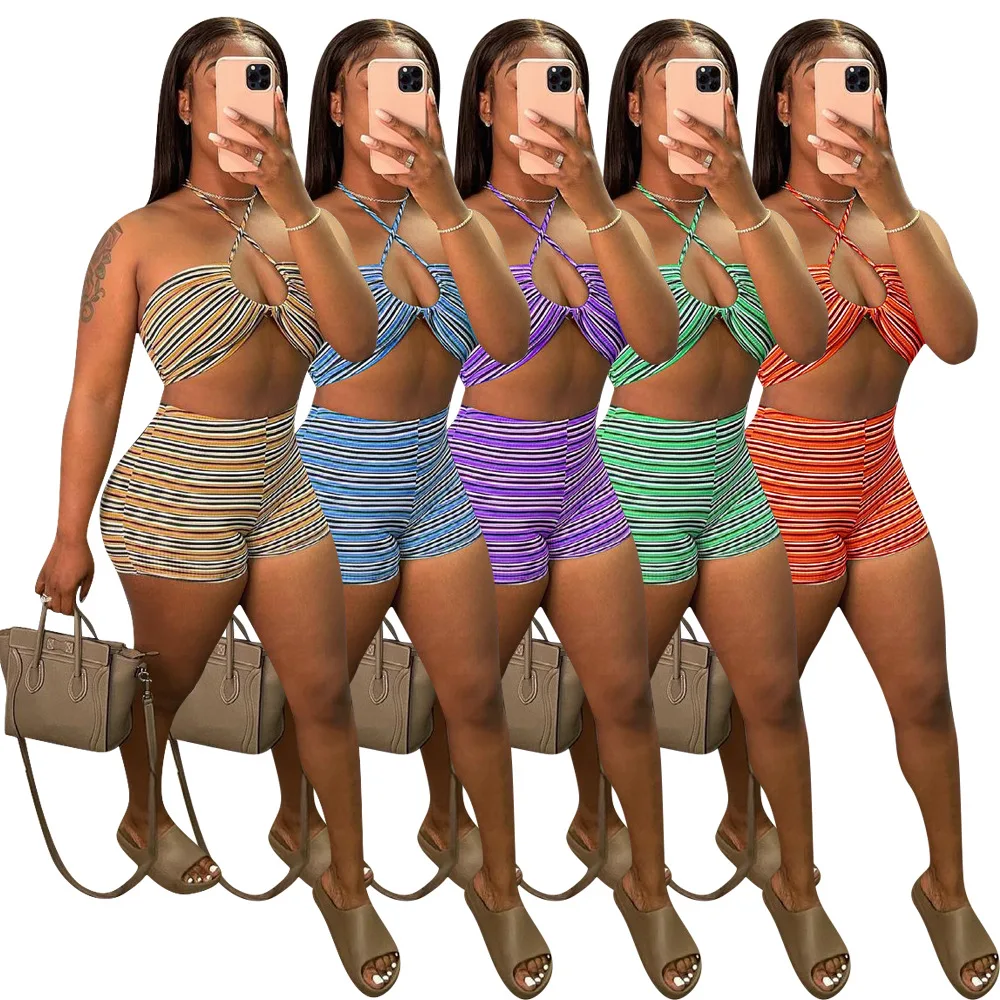 Women Sexy Halter Cut Out Crop Top + Shorts Club Party Skinny Two Piece Set Outfits Knit Rib Striped Print Short Tracksuit