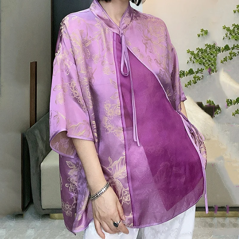 

High Quality Gentle Purple Vintage New Chinese Silk Splicing Organza Jacquard Trumpet Sleeve Loose Lace-Up Lady Top M-XL