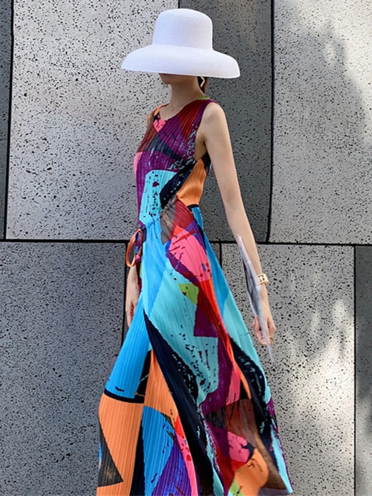 Женское платье 2022 с круглым вырезом без рукавов и высокой талией до колен модный