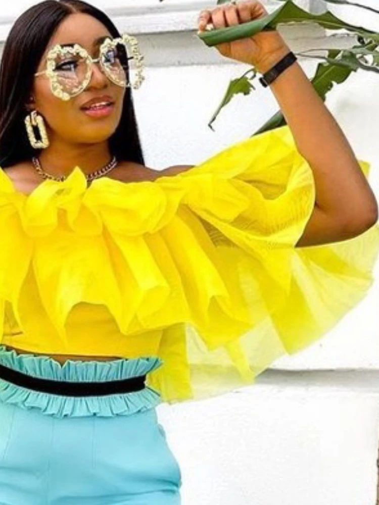 Women Blouses Off Shoulder Ruffles Pleated Yellow Summer Bright Shirt Tops Classy Elegant Lady Fashion Female African Bluas 2022 images - 6