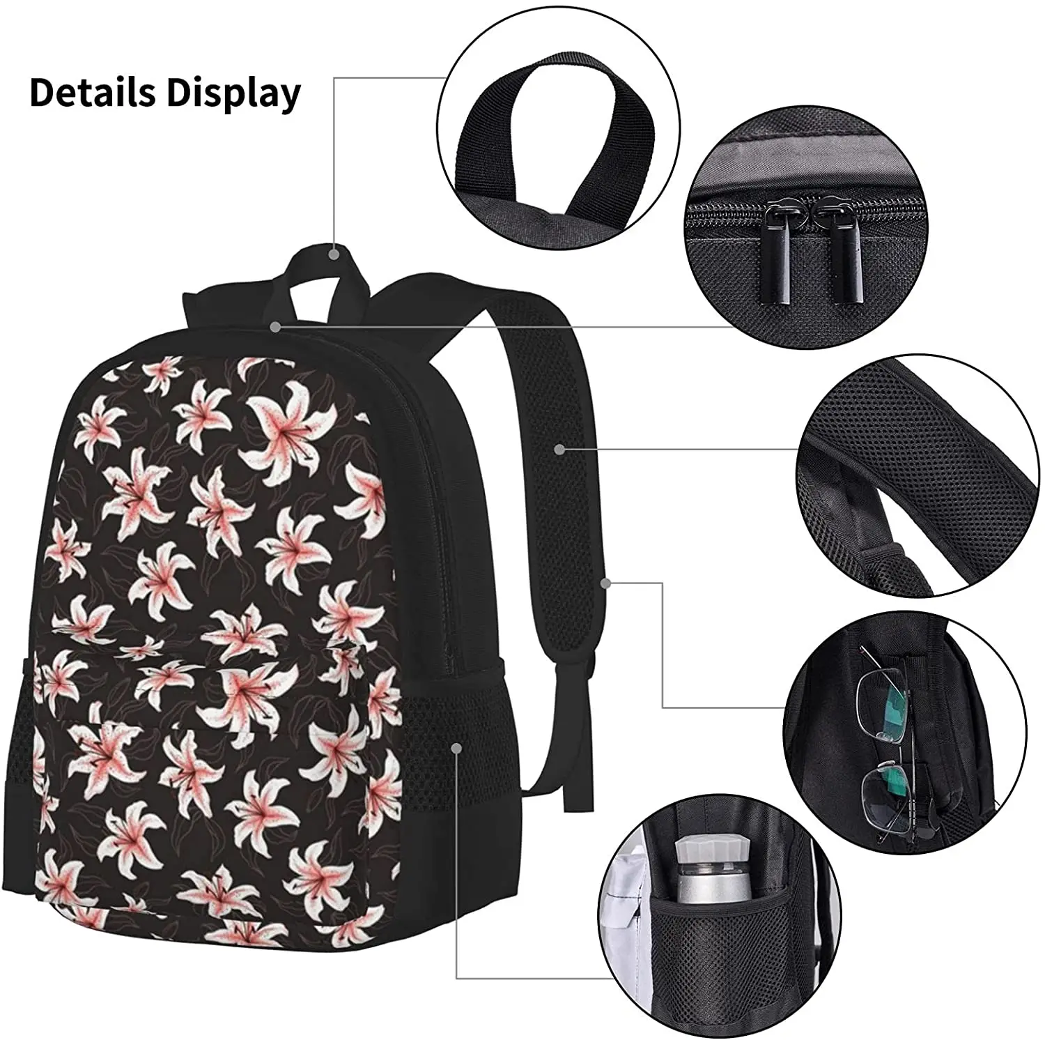 Lilies Black Backpack Set 3-Piece Teen Boys Girls Backpack Messenger Lunch Bag Pencil Case Set