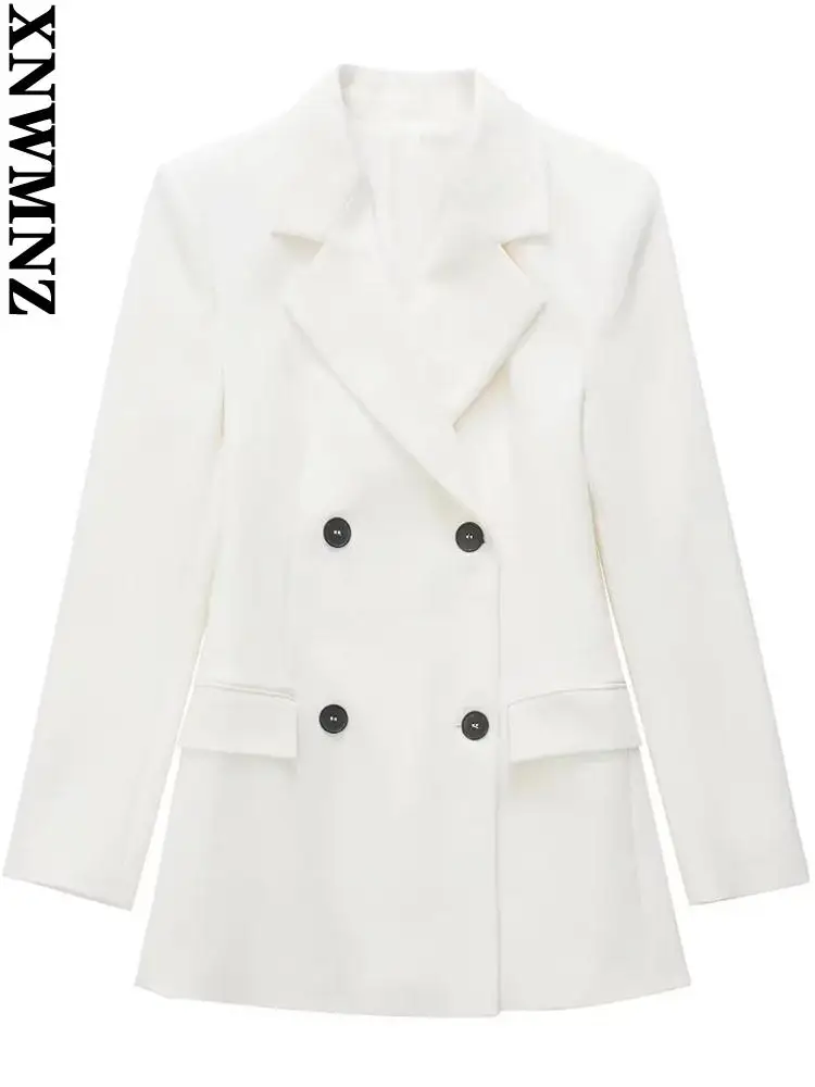

XNWMNZ fall 2021 womens fashion double breasted blazer coat vintage long sleeve White female outerwear chic veste femme jackets