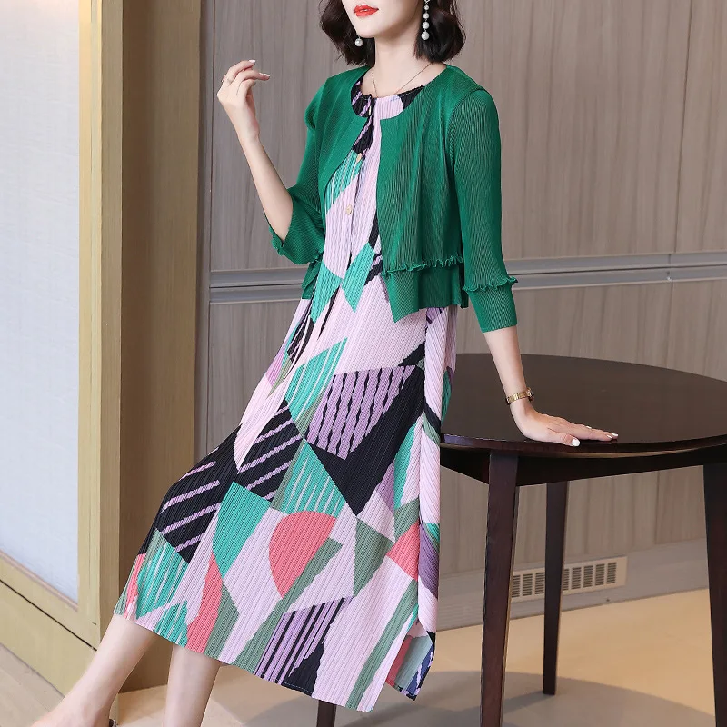 

Miyake Pleated Print Suit Women's Fashion O-neck Vest Dress and Fungus Cardigan Short Coat Top Two-piece Set Womens Outifits