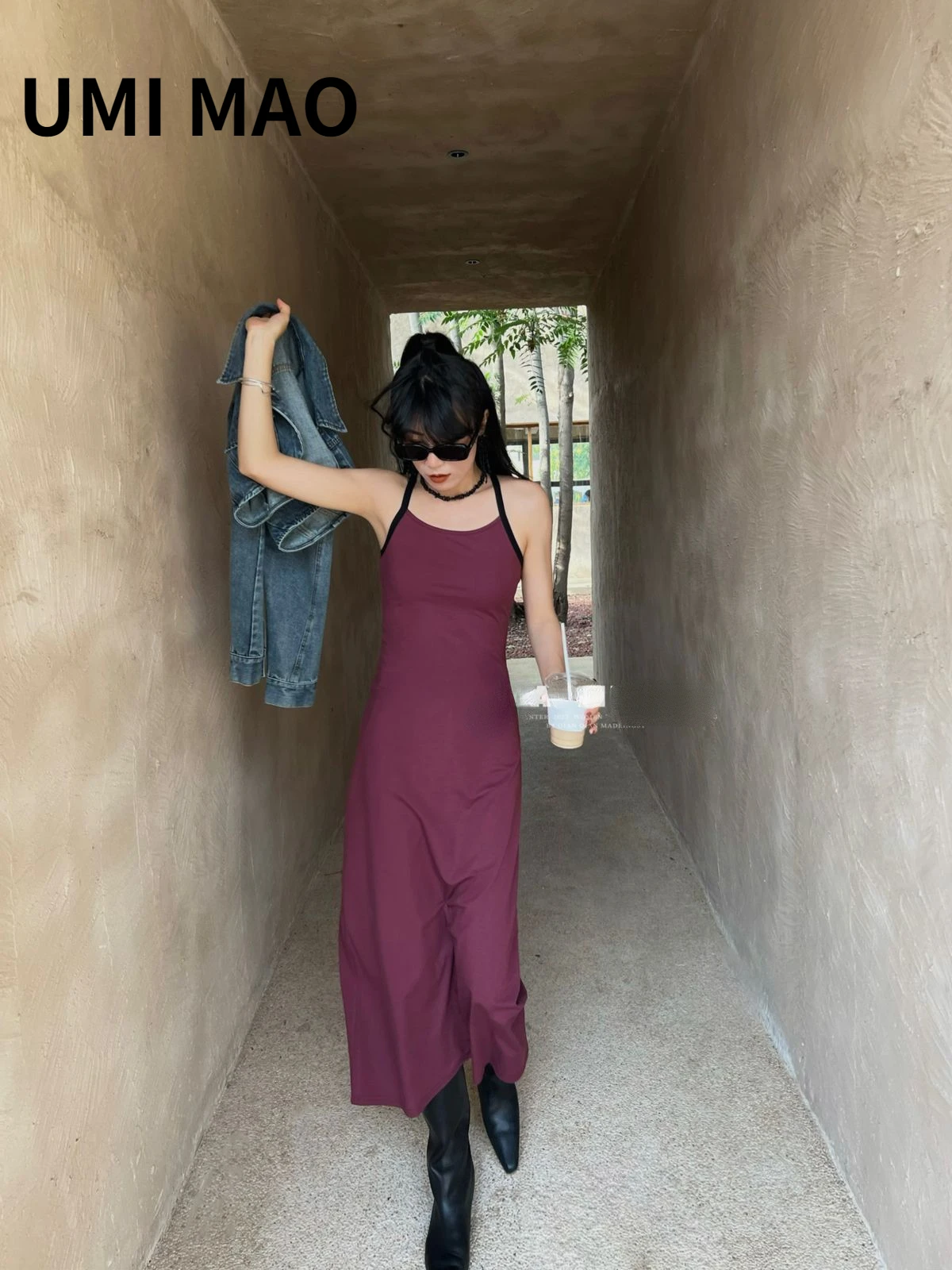 

UMI MAO Spring And Autumn On The New Autumn Must-have Sling Knitted Dress Elegant Contrast Color Women Femme Y2K