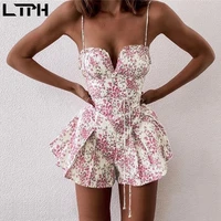 ltph ins fashion pink floral rompers women sexy backless sleeveless camisole jumpsuit vintage casual 2022 summer new