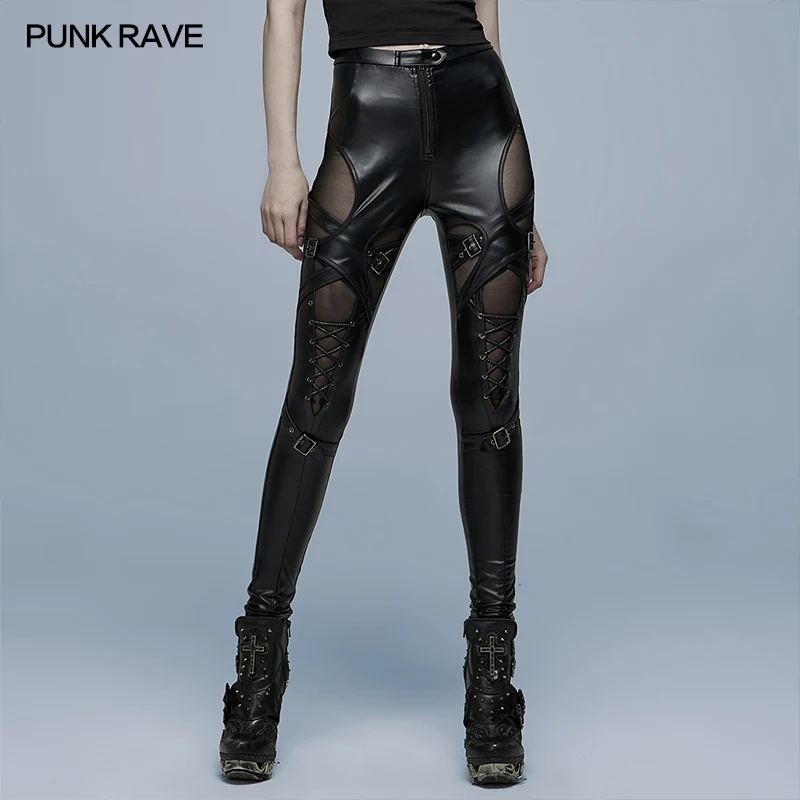 PUNK RAVE Gothic Skinny Imitation Leather Charm Sexy Pants Splicing with Mesh Punk Daily Simple Black Leggings Fashion