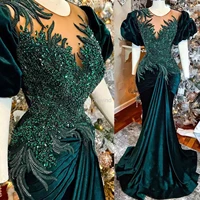 plus size arabic aso ebi dark green mermaid prom dresses beaded crystals velvet evening formal party second reception gowns