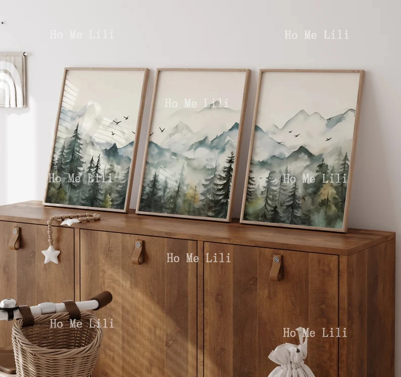 Акварельная гора набор из 3-х предметов настенные художественные принты сосновый