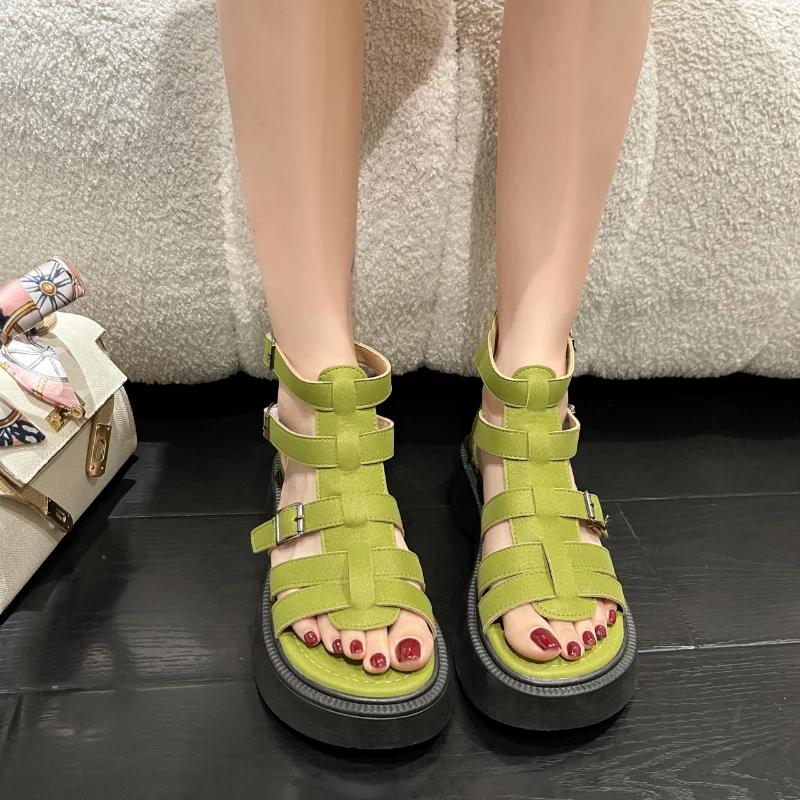 

Сандалии женские с высоким верхом, сетчатые босоножки на толстой подошве, с круглым носком, на молнии сзади, винтажная Повседневная модная обувь, красный цвет, лето 2023