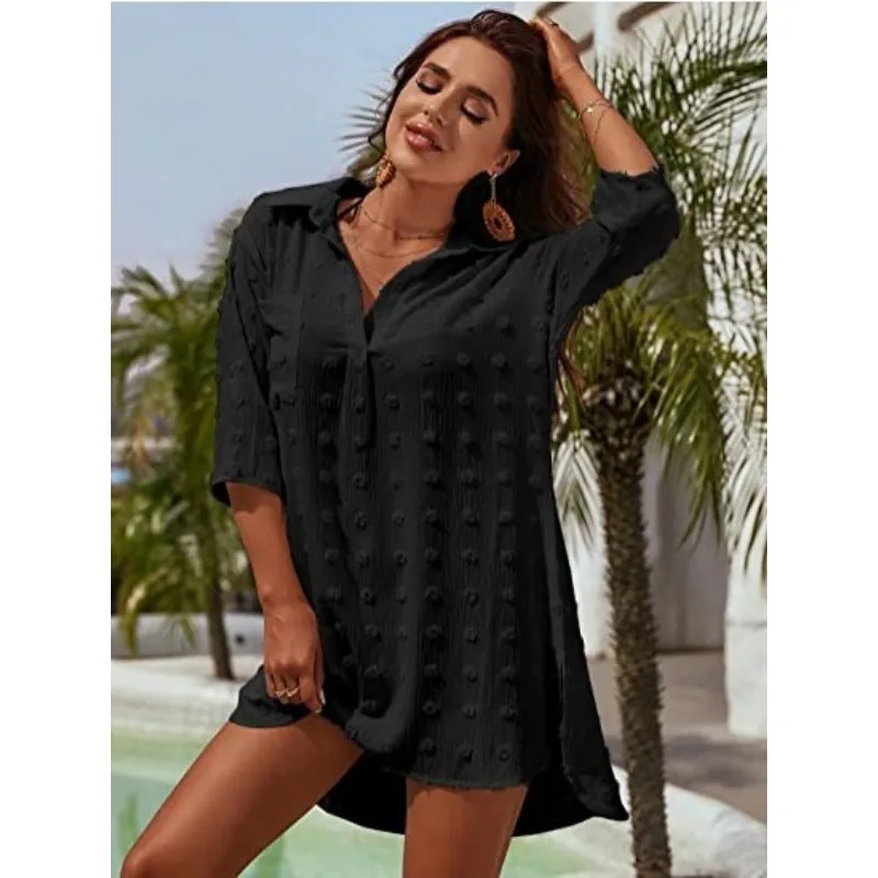 

Spring/Summer Solid Long Shirts for Women Fashion Jacquard 3/4 Sleeve Loose Tops Casual Oversize Chiffon Blouse Holiday Cover Up