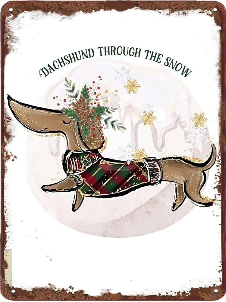 

Dachshund Through The Snow Christmas Vintage Tin Sign Sausage Dog Metal Sign for Bedroom Bathroom for Home Office Coffee Bar