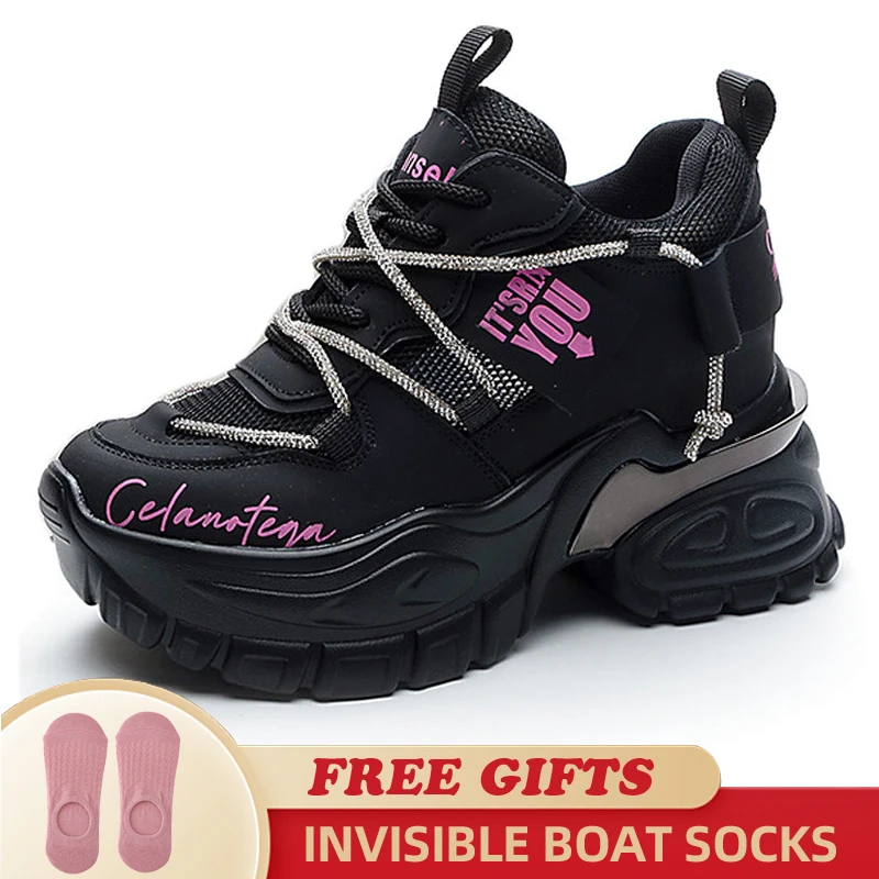 2023 Comfy 10.5cm Air Mesh Hollow Female Platform Wedge Chunky Sneakers Genuine Leather Rhinestone Fashion Summer Women Shoes