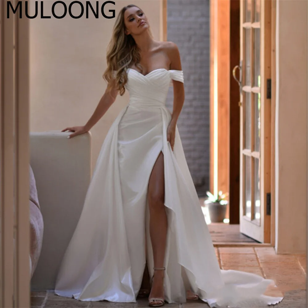 

MULOONG Elegant Sweetheart Off The Shoulder Pleat Sleeveless A Line Long Wedding Dress Floor Length Sweep Train High Slit Gowns